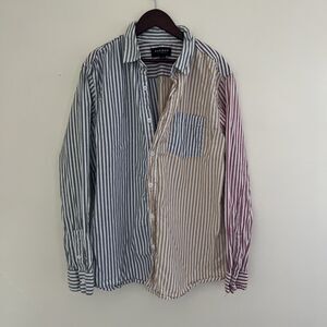 PACSUN Striped Colorblock Rainbow Cotton Long Sleeve Collared Camp Shirt- Large